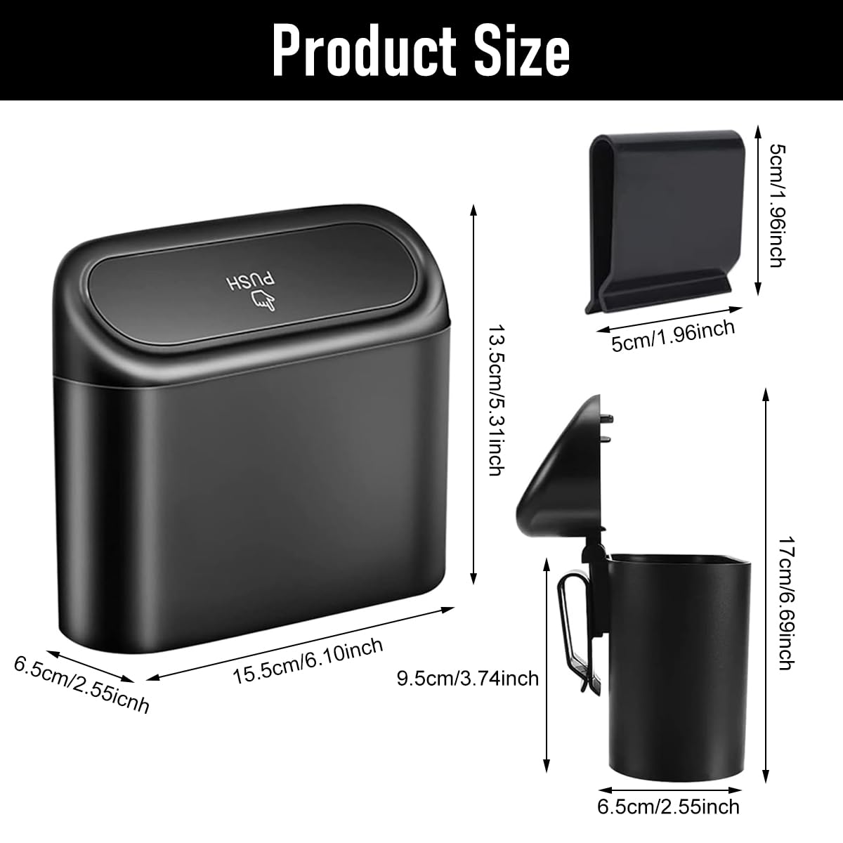 ZIBUYU Small Car Trash Bin for Vehicle Organization with 2 in 1 Flip and Push Lid | Waterproof ABS Clip-On Design