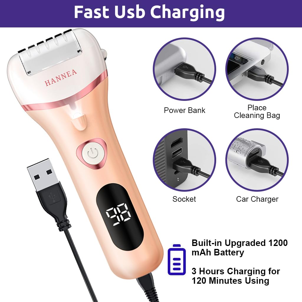 HANNEA Callus Remover for Feet with LED Light and 3 Grinding Scrubbers | Rechargeable 2PCS Pedicure Kit