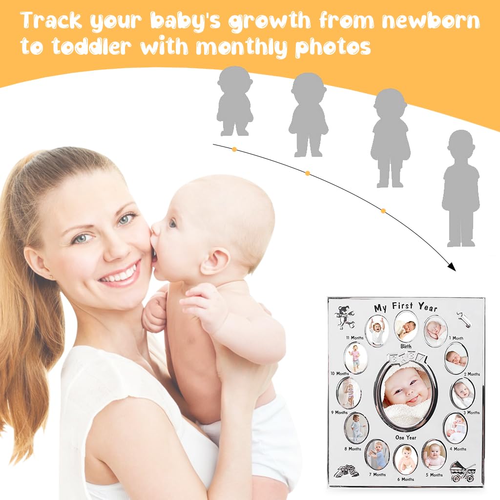 SNOWIE SOFT Baby Milestone Photo Frame for First Year Memories with 12 Monthly Slots | Silver 23x28 cm Keepsake Gift