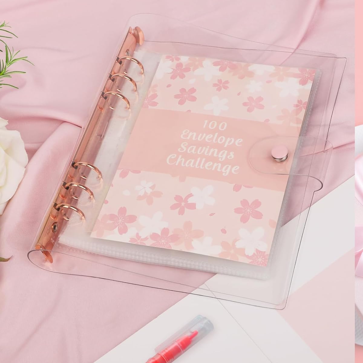 HASTHIP Envelopes Challenge Binder for 100 Day Money Saving with 100 Cash Pockets | PVC Sakura Cover