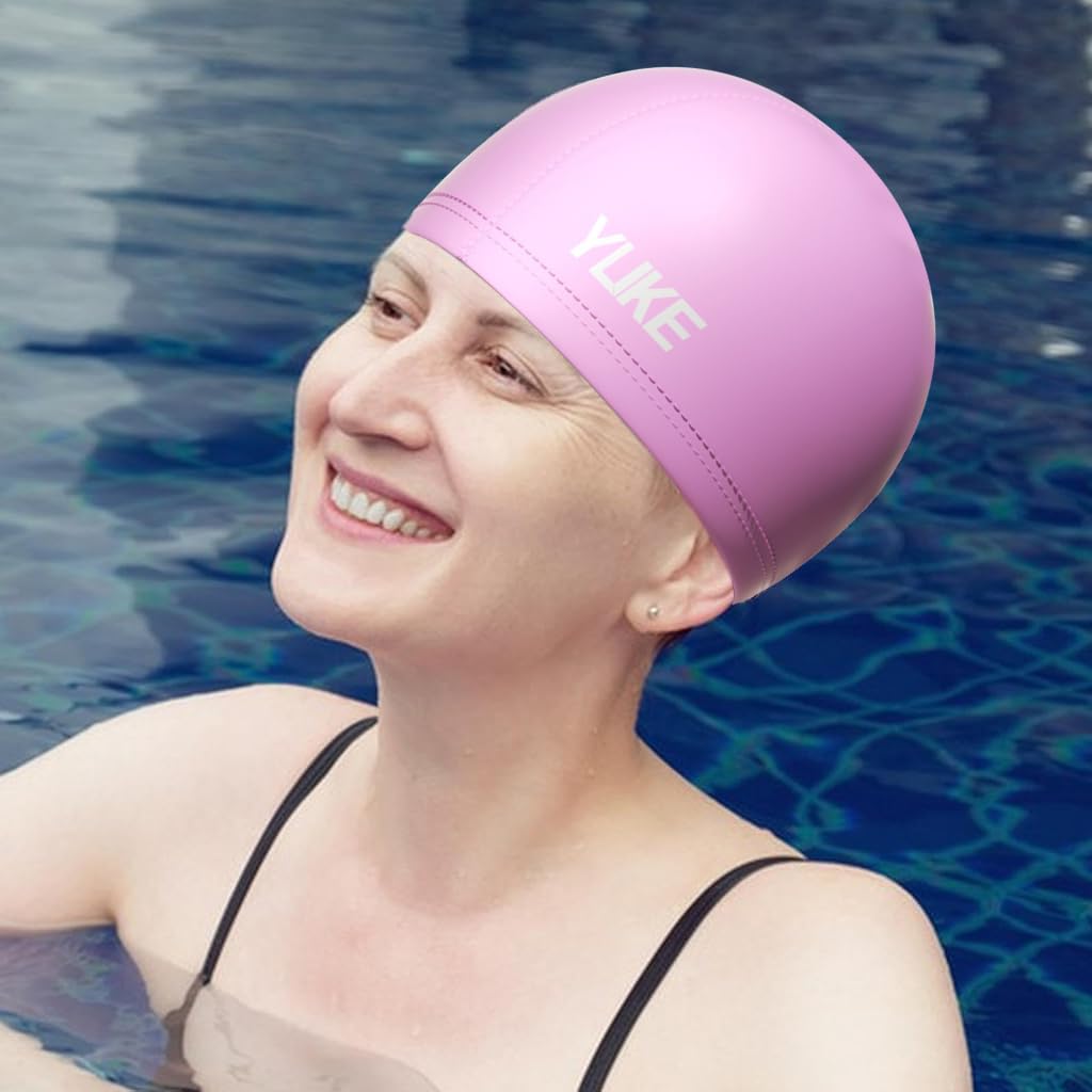 Proberos Swimming Cap for Women with Head Band featuring Waterproof Elastic PU Coating | 2PCS Pink Adult Fit