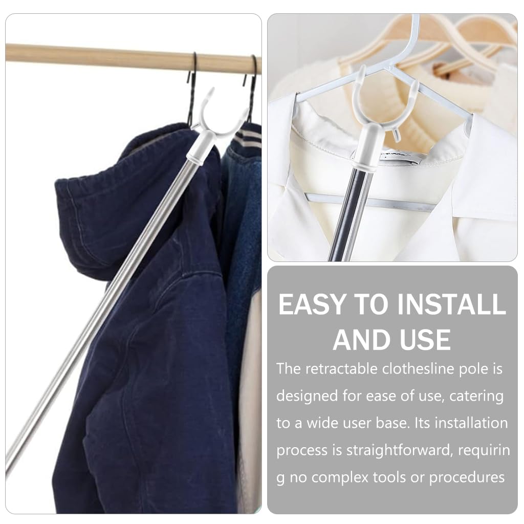 HASTHIP Retractable Clothesline Pole for Laundry with Zinc Alloy Prongs 32.6–56.2 in Adjustable Stainless Steel Rod Grey