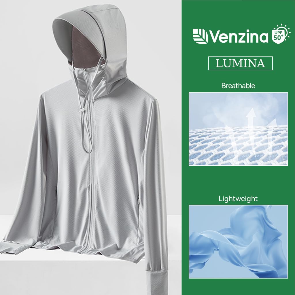 Venzina Sun Jacket for Men with UPF 50+ Protection featuring Detachable Brim and Zip Pockets | Cool Quick-Dry Light Grey Hoodie