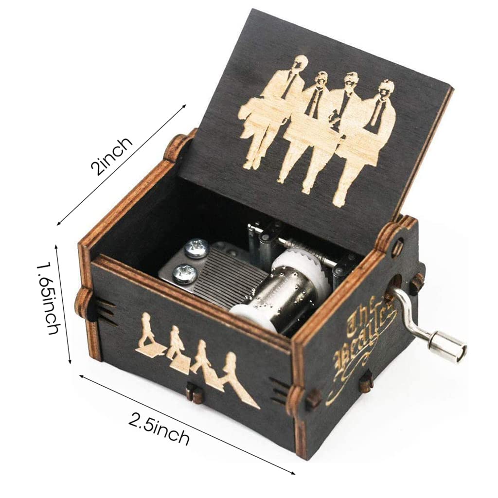 PATPAT Wooden Vintage Hand Crank Music Box for Desk Decoration with 2.55×1.97×1.5 in Size | Engraved Beatles Design Gift