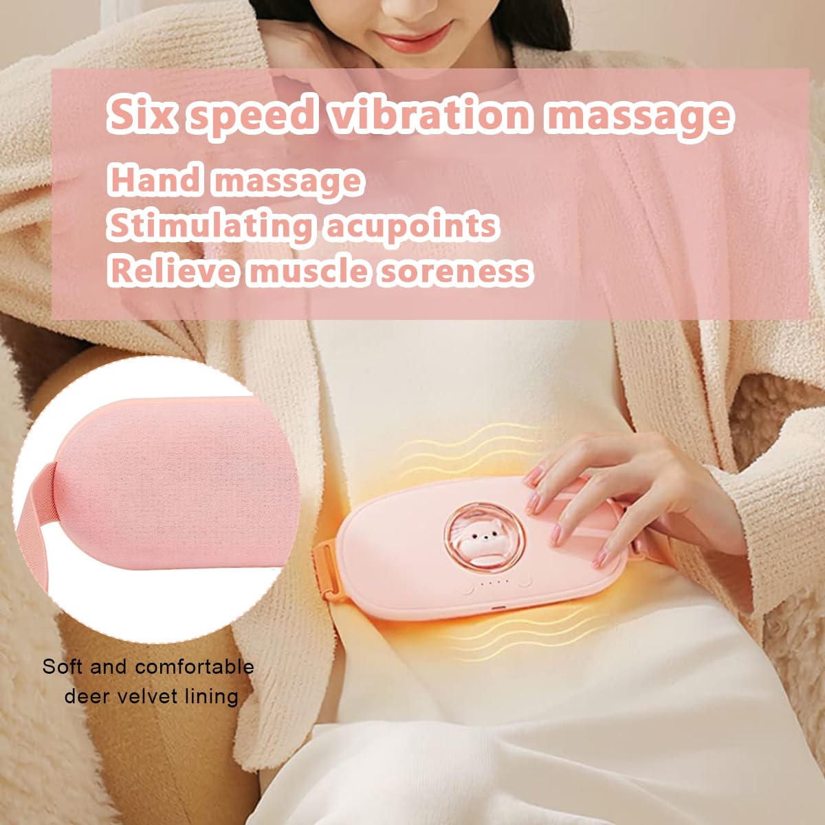 HANNEA Electric Cordless Heating Pad for Period Pain with 6 Heat Levels & 6 Massage Modes | USB Rechargeable Belly Warmer for Women