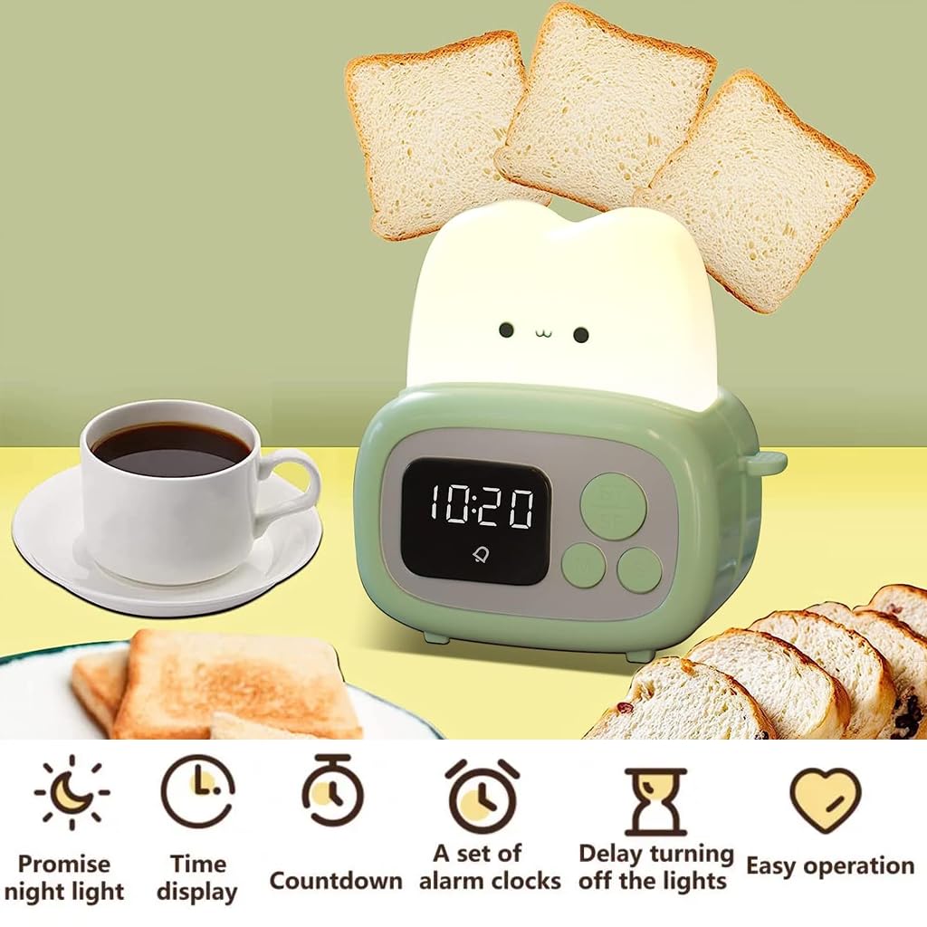 ELEPHANTBOAT® Cute Alarm Clock with Night Light Mini Toaster Desk Alarm Clock Kids Table Clock Alarm with Timer FunctionAuto Lights Off, Alarm Clock for Study Time Management Gift for Kids