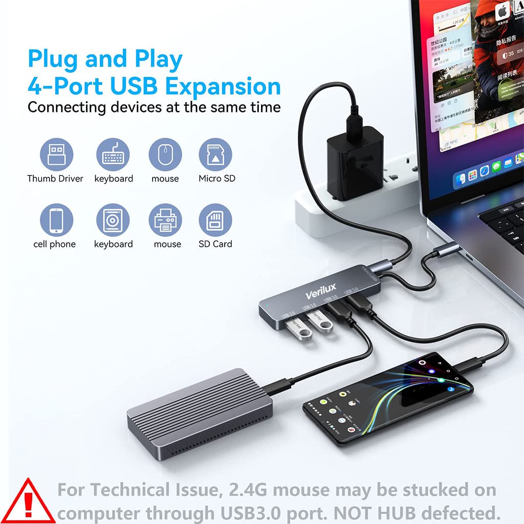 Verilux USB C Hub,USB C Extender with 4-Ports,4 in 1 Multiport USB Hub,Aluminum Alloy,Faster Transmission,USB Hub for Home & Work,Compatible with Most USB C Devices