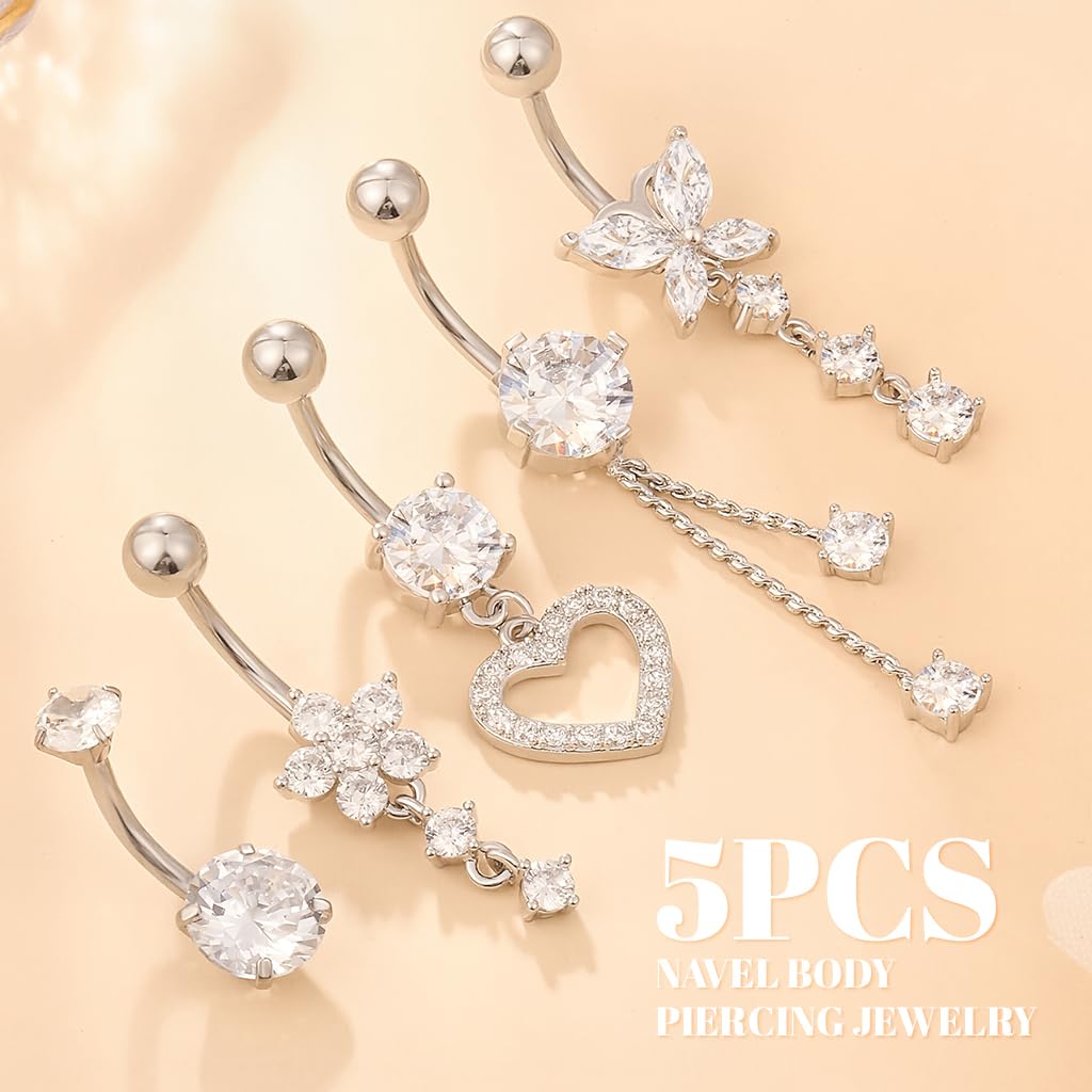 SANNIDHI Belly Button Rings for Women with Rhinestone Dangles and Stainless Steel Set of 5