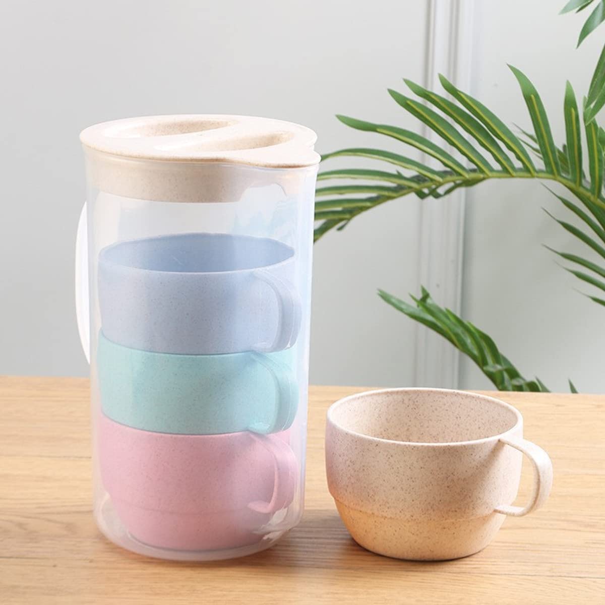Supvox Plastic Mugs Set for Daily Use with 2L Kettle featuring Dust Proof Lid | Wheat Straw Cups