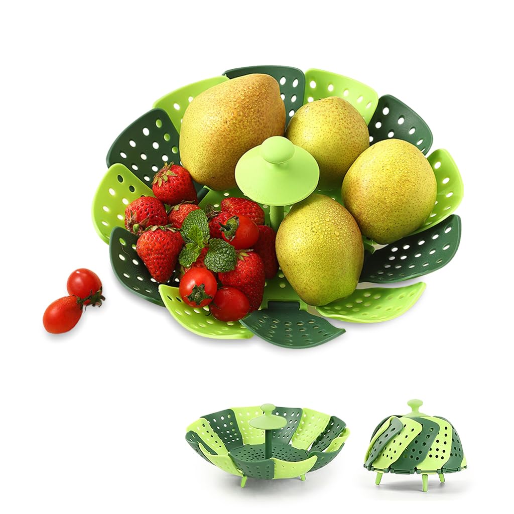 Supvox® Steamer Basket Perforated Folding Steamer Basket Cookware Steamer with Feet Universal Cookware Steamer with Silicone Handle Multipurpose Drain Basket, Fruit Serving Tray, Snack Plate