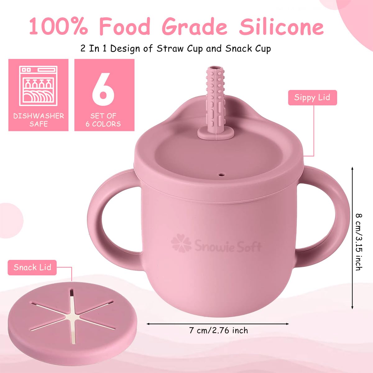 SNOWIE SOFT Silicone Sippy Cup for 6–12 Months with Teether Straw and Draining Lid | Pink