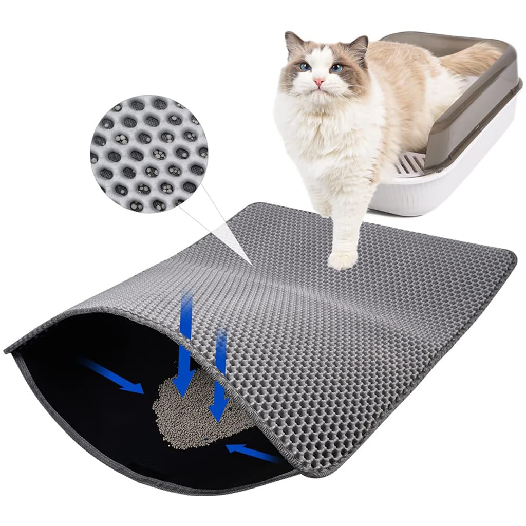 Qpets® Cat Litter Mat, 17.7 by 23.6 inches Litter Mat Double Layer Open Edge Design, Waterproof EVA Material, Durable and Washable, Cats Litter Box, Cat Litter Tray (Grey)