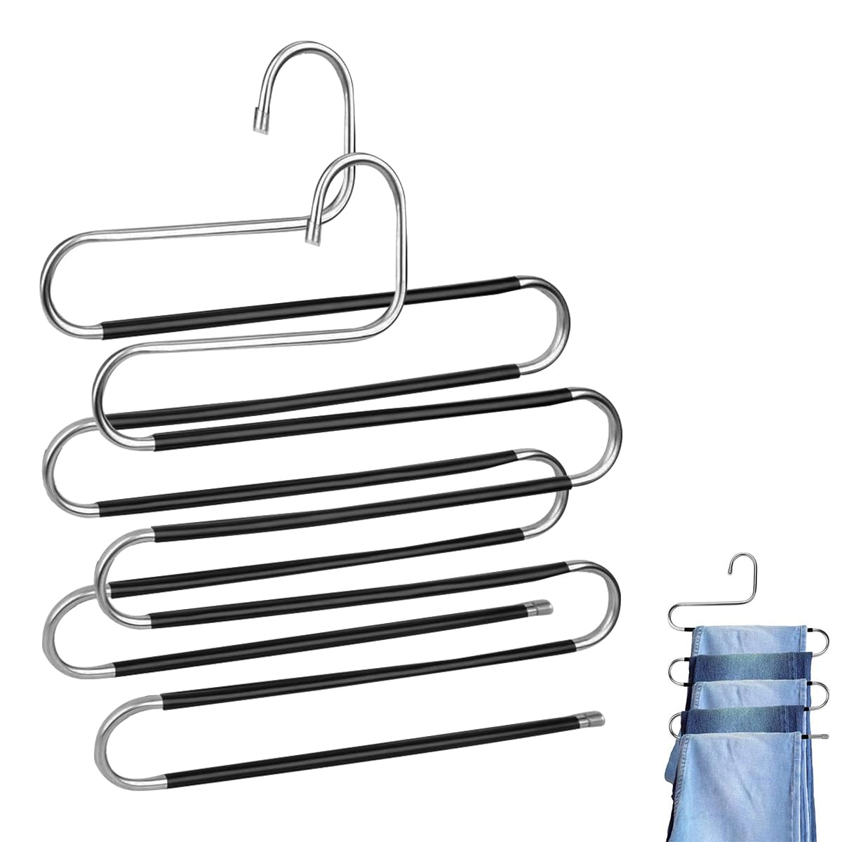 HASTHIP Wardrobe Hanger for Space Saving Clothes Organization with S Shape Design and Anti Slip PVC Sleeves | Holds up to 6 Garments Stainless Steel Set of 2