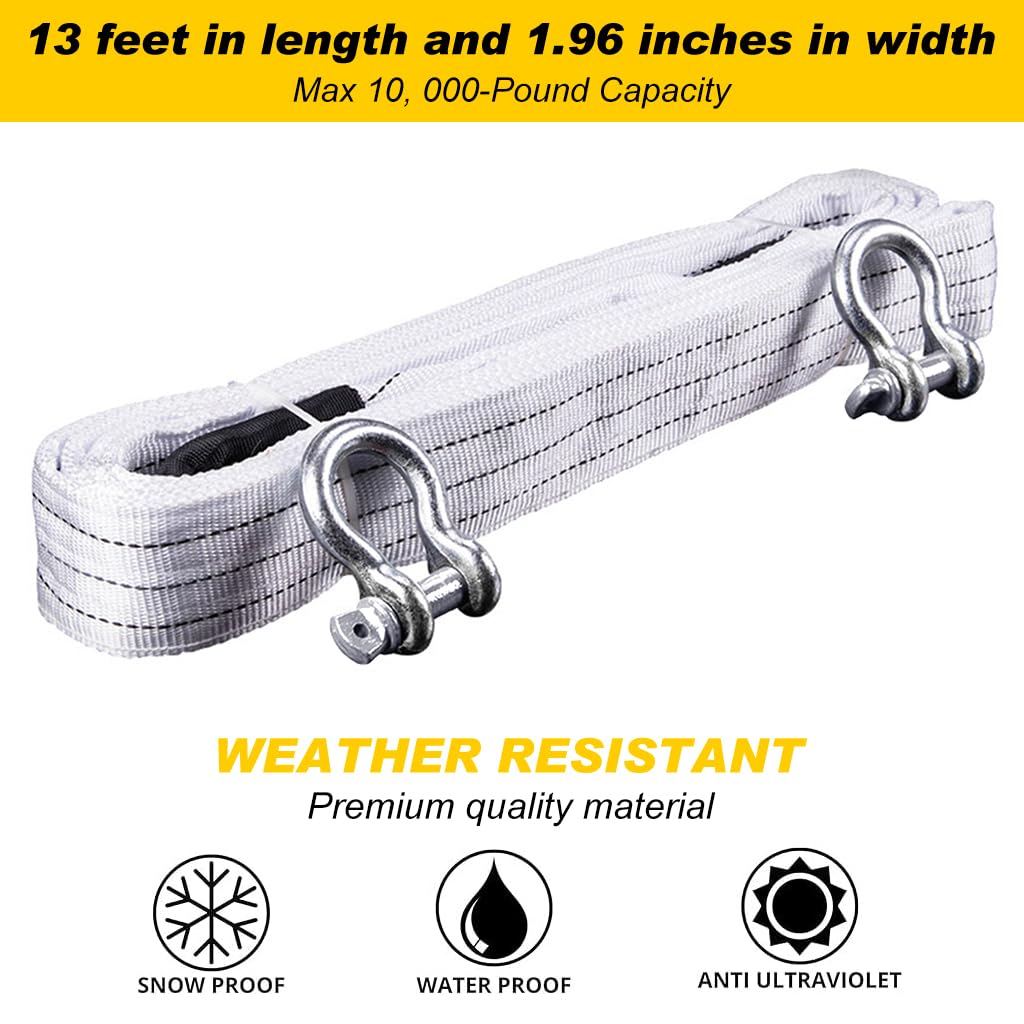 STHIRA Towing Belt for Car and Truck Recovery featuring 13 ft Length with Forged Steel Shackles | 10,000 lb Polyester Rope