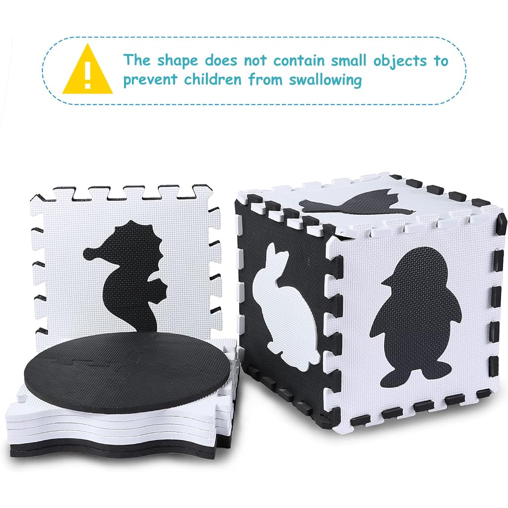 SNOWIE SOFT Baby Play Puzzle Mats for Toddlers with 25 Foam Pieces and Animal Shapes | EVA Black and White Sensory Floor Set 44.8 inches