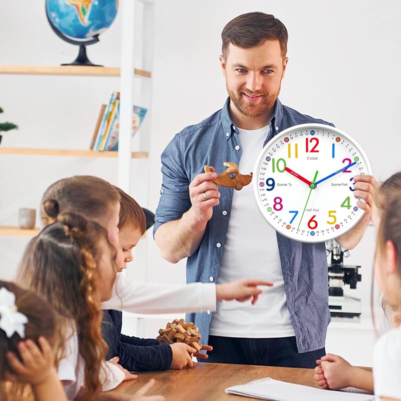 HASTHIP Silent Kids Wall Clock for Teaching Time with Non Ticking Mechanism 8 inch | Colorful Roman Numerals Décor