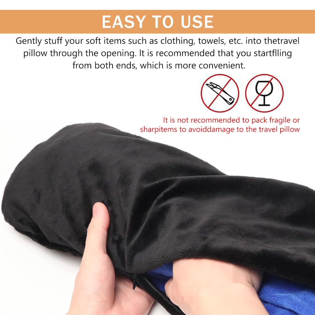 HANNEA Stuffable Neck Pillow for Travel with Quick Release Buckle and Soft Velvet Cover | Packable Case with Zipper Pouch and Removable Shoulder Strap