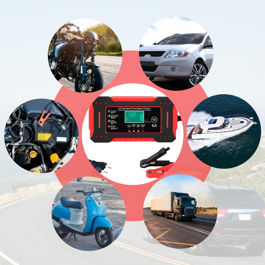 STHIRA Car Battery Charger 12V 6A for Cars Motorcycles and Boats with LCD Display | Pulse Maintenance and Auto Stop