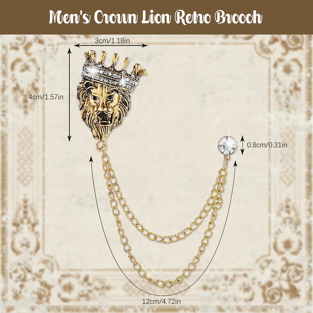 SANNIDHI Men's Vintage Crown Lion Brooch for Suits with Tassel and Rhinestone Embellishment