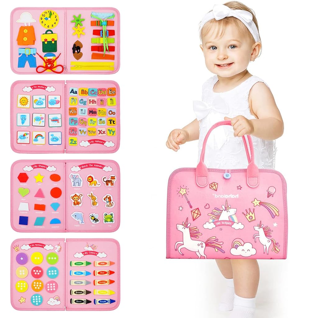 PATPAT Busy Board for Toddlers featuring Rainbow Unicorn Design for 1 2 3 4 Year Old Kids | Montessori Sensory Learning Toy