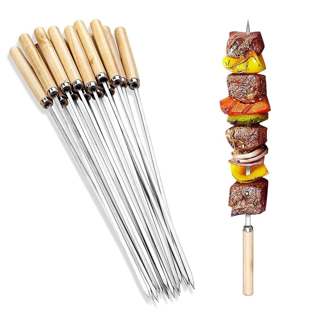 HASTHIP® 25Pcs Stainless Steel Skewers Anti-Scald Wooden Handle BBQ Skewers, Flat Arrow-Shape Tips, BBQ Skewers Grill Skewers for Vegetables, Meat, Chicken, with Storage Tube