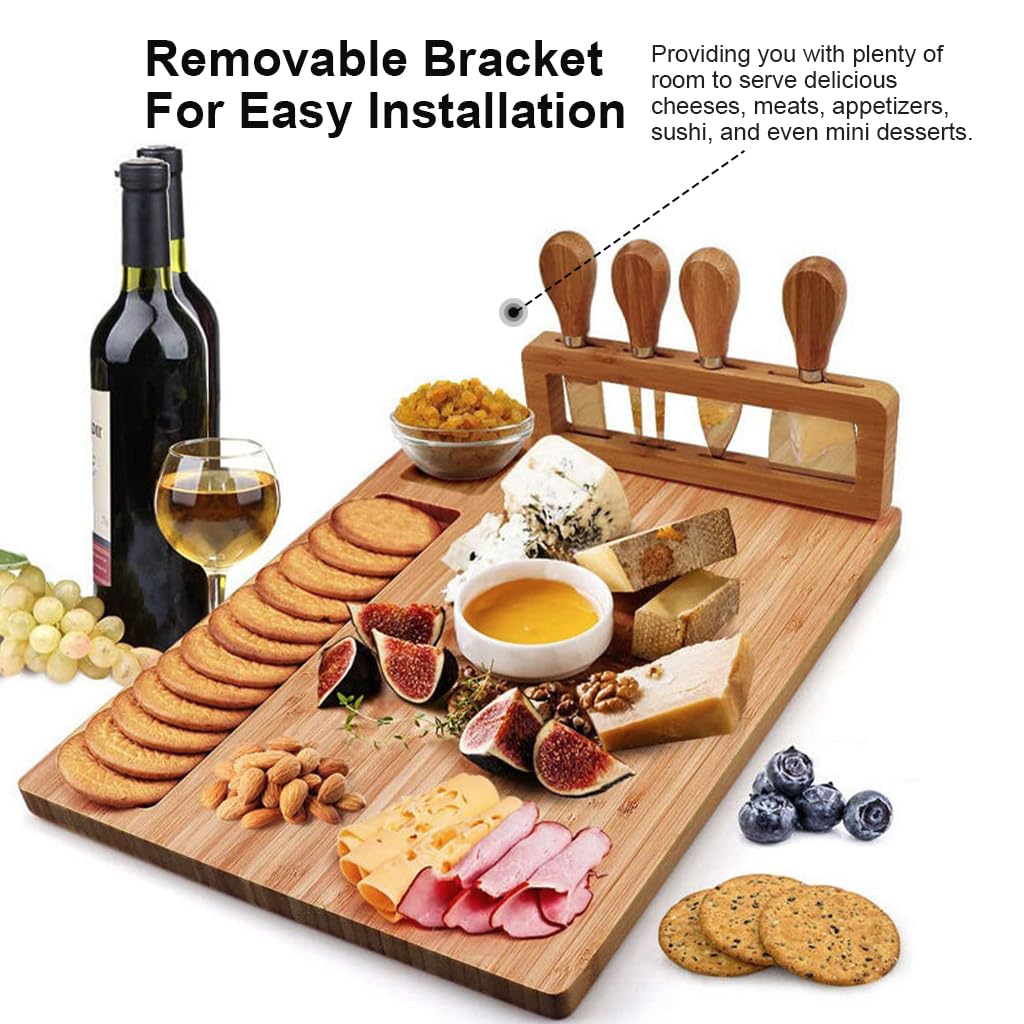 Supvox® Cheese Board Platter Set with Utensils Holder Food-Grade Charcuterie Board Tray Square Cheese Platter Board Natural Bamboo Cheese Board with 4 Stainless Steel Cheese Knives 11x14 in