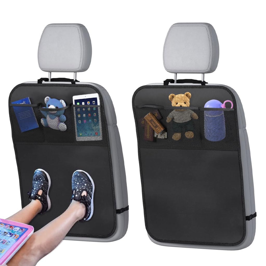 STHIRA® 2Pcs Waterproof Car Back Seat Organizer Car Seat Back Kick Pads For Kids & Pets, Anti-Kick Back Seat Cover For Kids With 3 Mesh Organizer Pockets, Universal Fit Cover For Cars, Suvs & Trucks