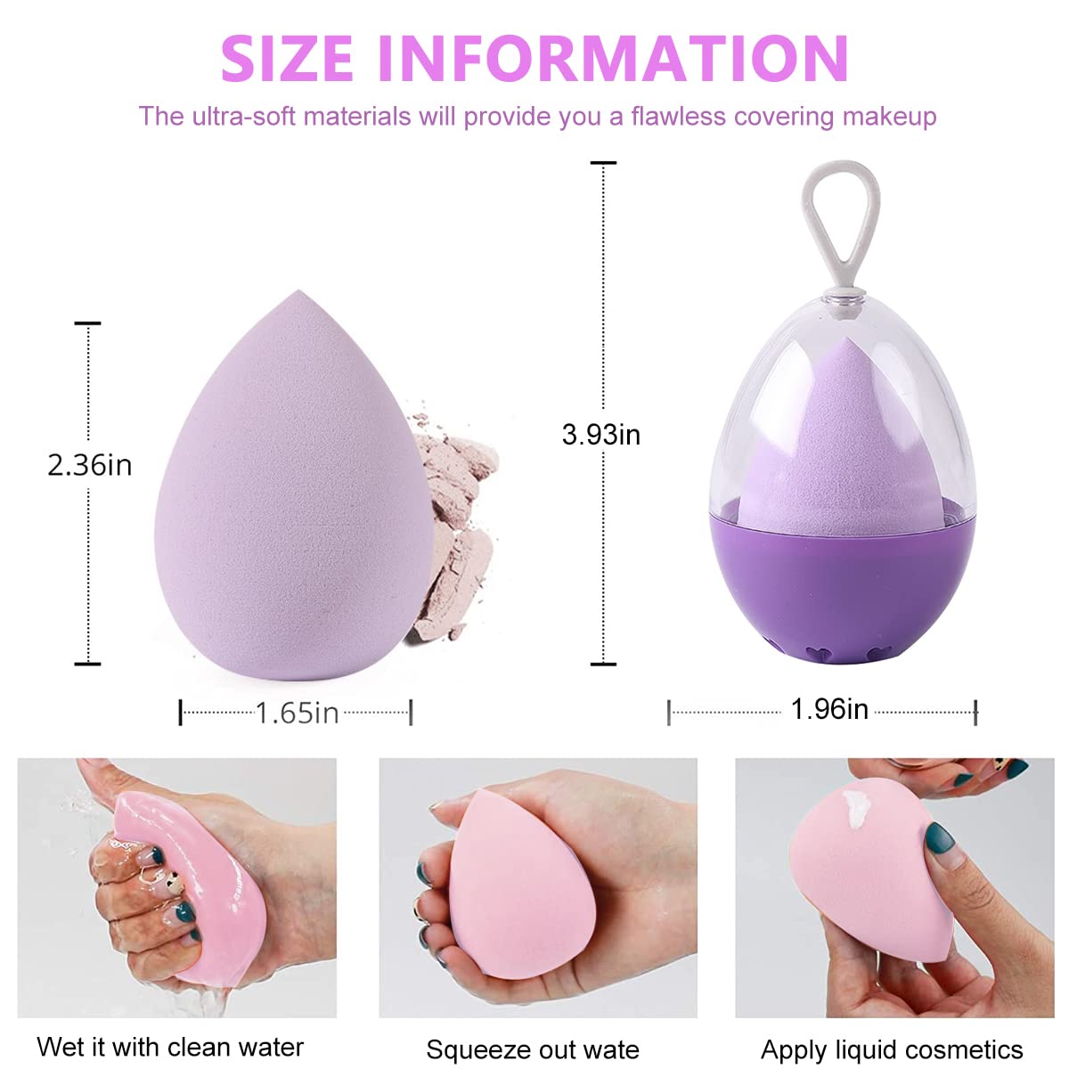 MAYCREATE 2PCS Makeup Sponge Holder Set Beauty Blender Sponge & Organizer Case Kit for Women Girls, Travel Container Stand with Dustproof Lid, Washable Reusable (Pink+Purple)