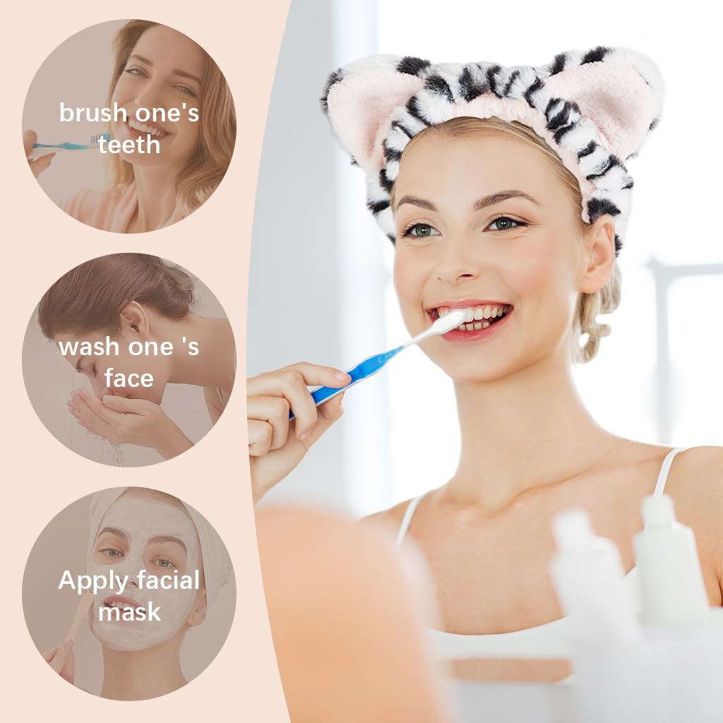 MAYCREATE Spa Headband Set for Women with Cute Cat Ears and 3pcs Flannel Wristbands | Ideal for Face Washing and Makeup Routines