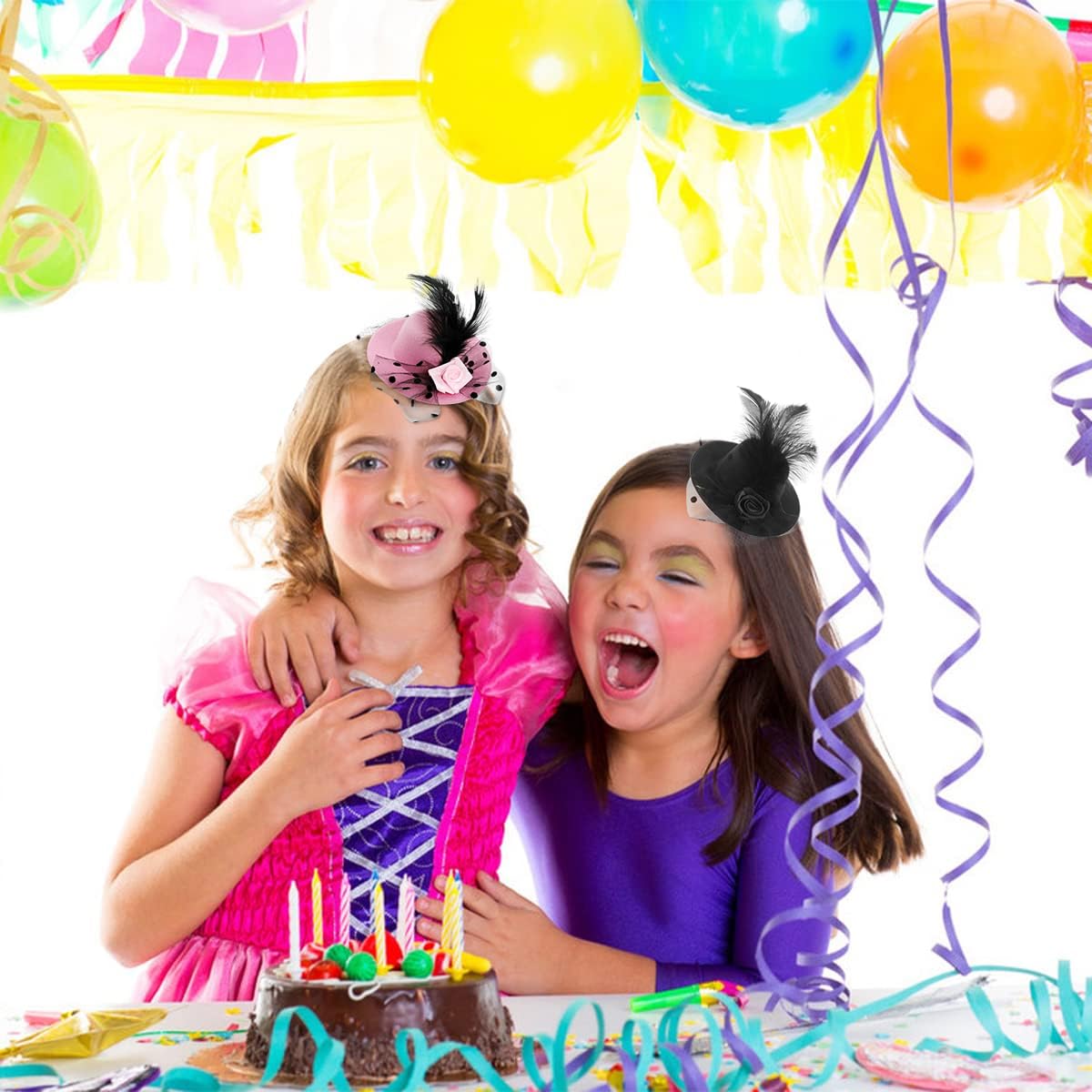 Venzina Mini Tea Hat Hair Clips for Girls with 10cm Lace Fascinator & Clip | Black and Pink