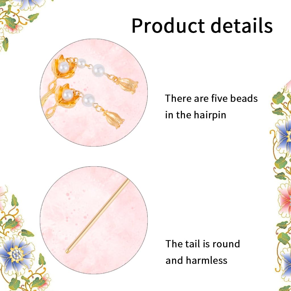 MAYCREATE® Floral Hair Pins for Women Girls, Gold Metal Hair Stick for Buns, Pearl Pendent Hair Bun Stick, Elegant 6.4'' Juda Pin Hairpin Hair Accessories for for Updos, Buns