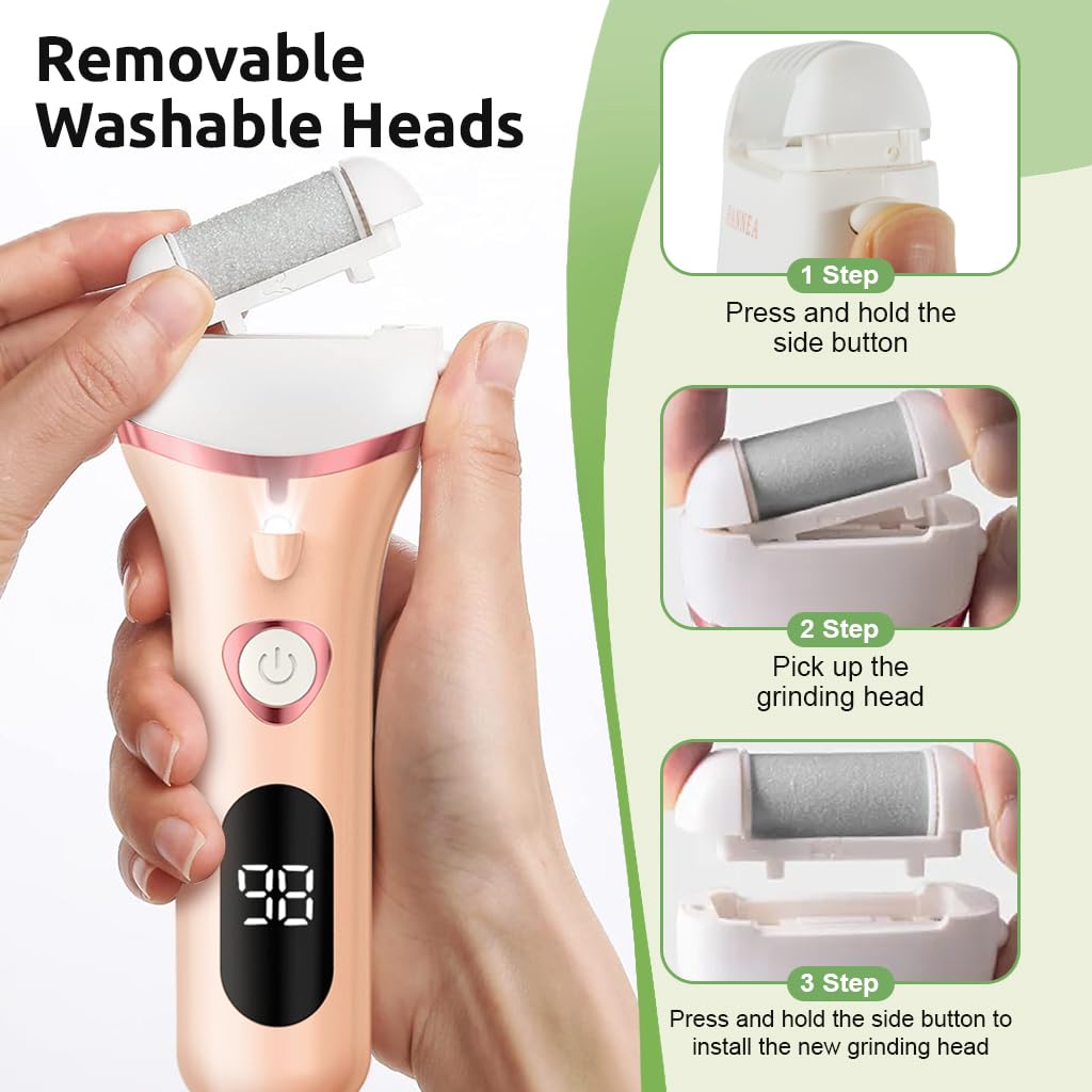 HANNEA Electric Callus Remover for Feet with 3 Rollers and LED Light | 2 Speed Rechargeable Foot Scrubber