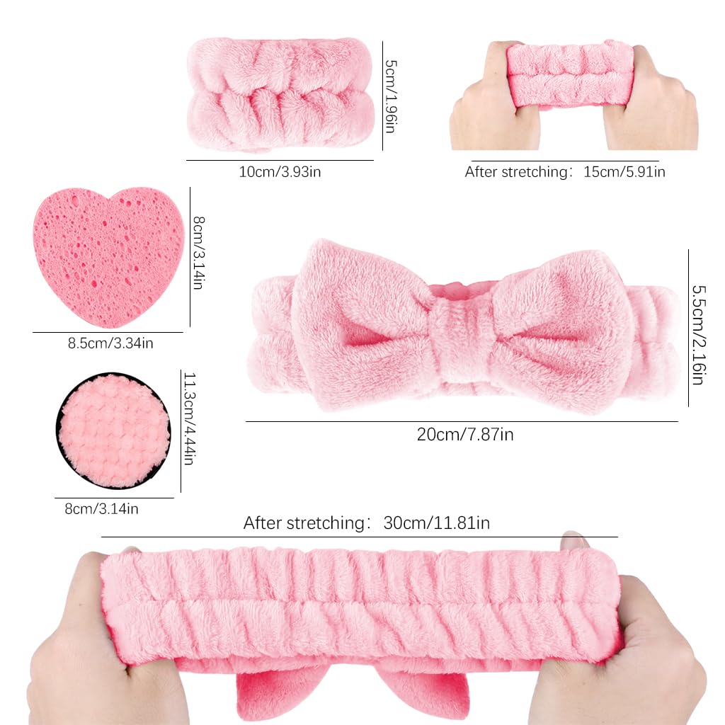 MAYCREATE Hairband Set for Skincare and Face Wash with 9Pcs Soft Sponge Pads | Pink Bow Design