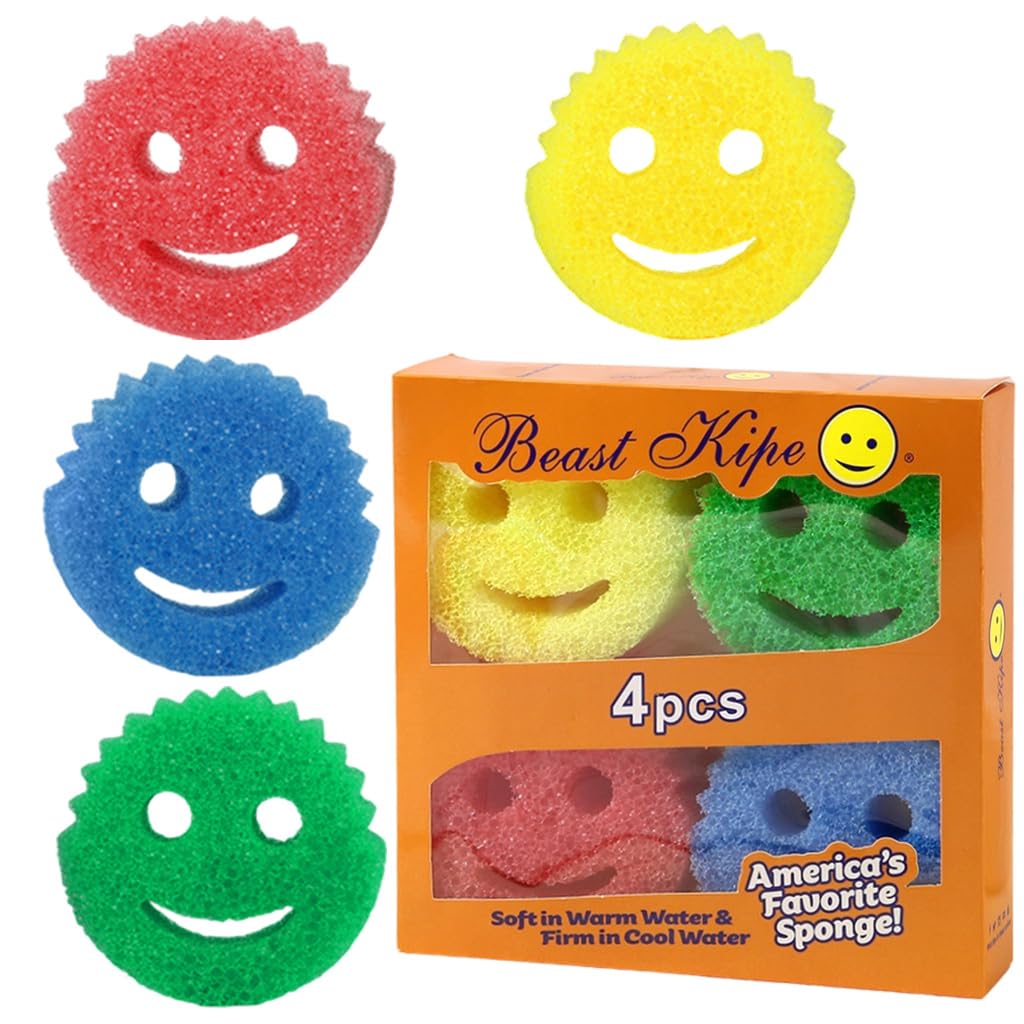 Supvox Scrubber for Kitchen 4 Pack with Dual Sided Sponge and Suction Cups | Fun Smiley Design