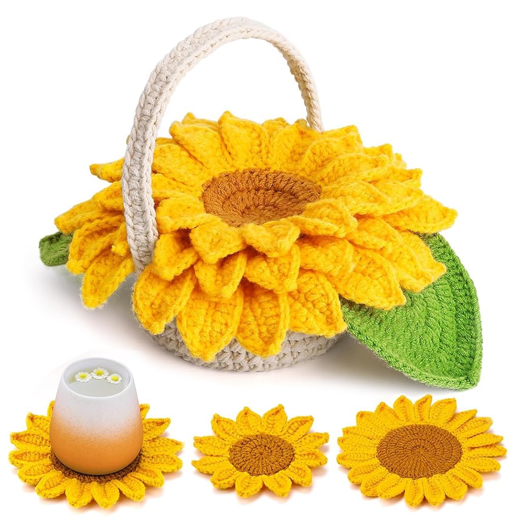 PATPAT DIY Crochet Sunflower Basket Kit for Home Décor with 5Pcs Coaster Set | Yellow Cotton