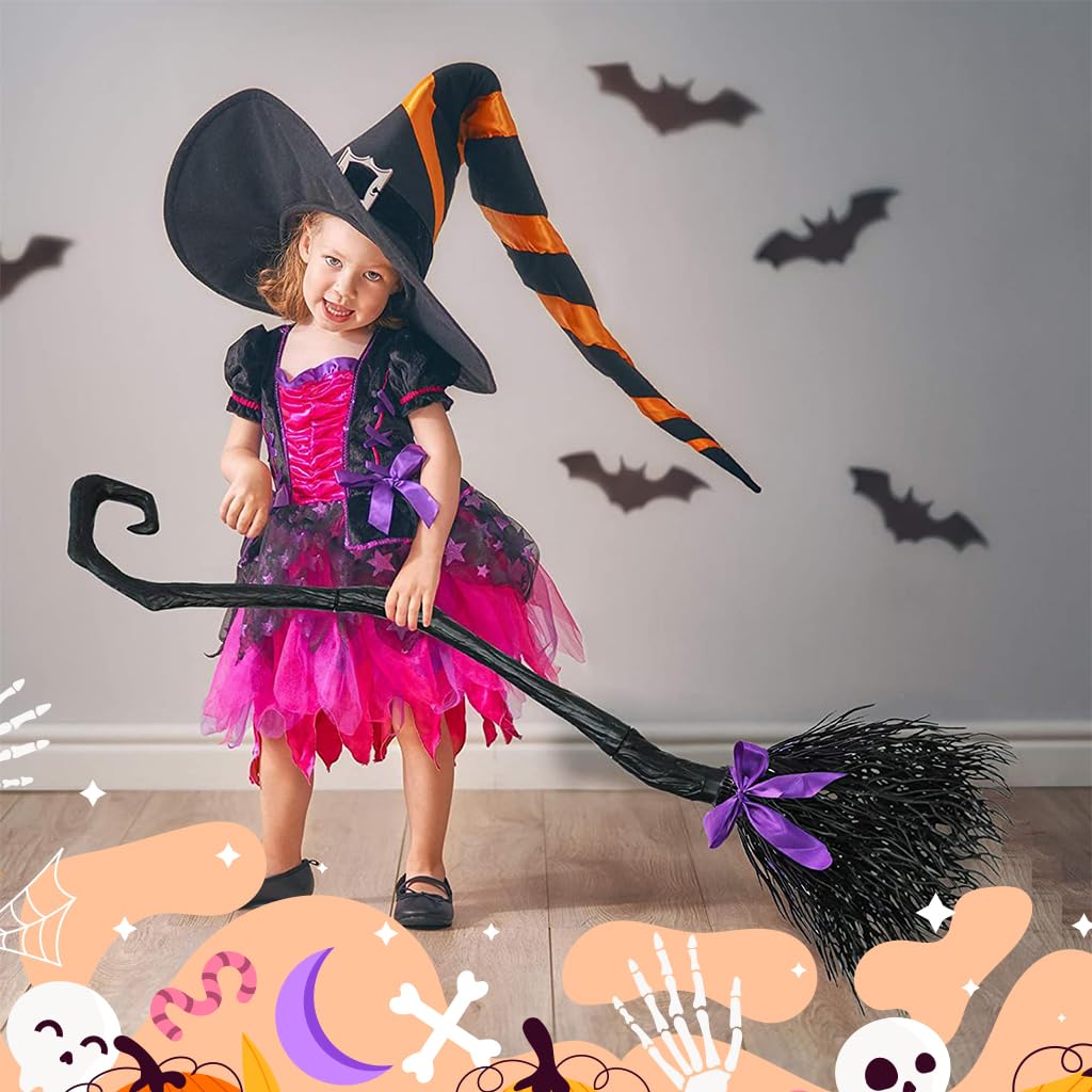 PATPAT Halloween Witch Broom with Purple Ribbons Decor 55'' Witch Broom Halloween Home Decro Props Kids Cosplay Prop Magic Witch Broom Prop for Halloween Party, Cosplay, Birthday Party