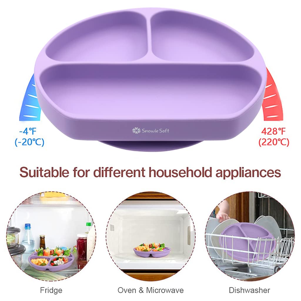 SNOWIE SOFT 5pcs Silicone Tableware Kit for Baby, Baby Silicone Feeding Kit Baby Plate & Bowl with Sucker, Spoon, Fork Bib BPA-Free Dishwasher & Microwave Safe (Pink)