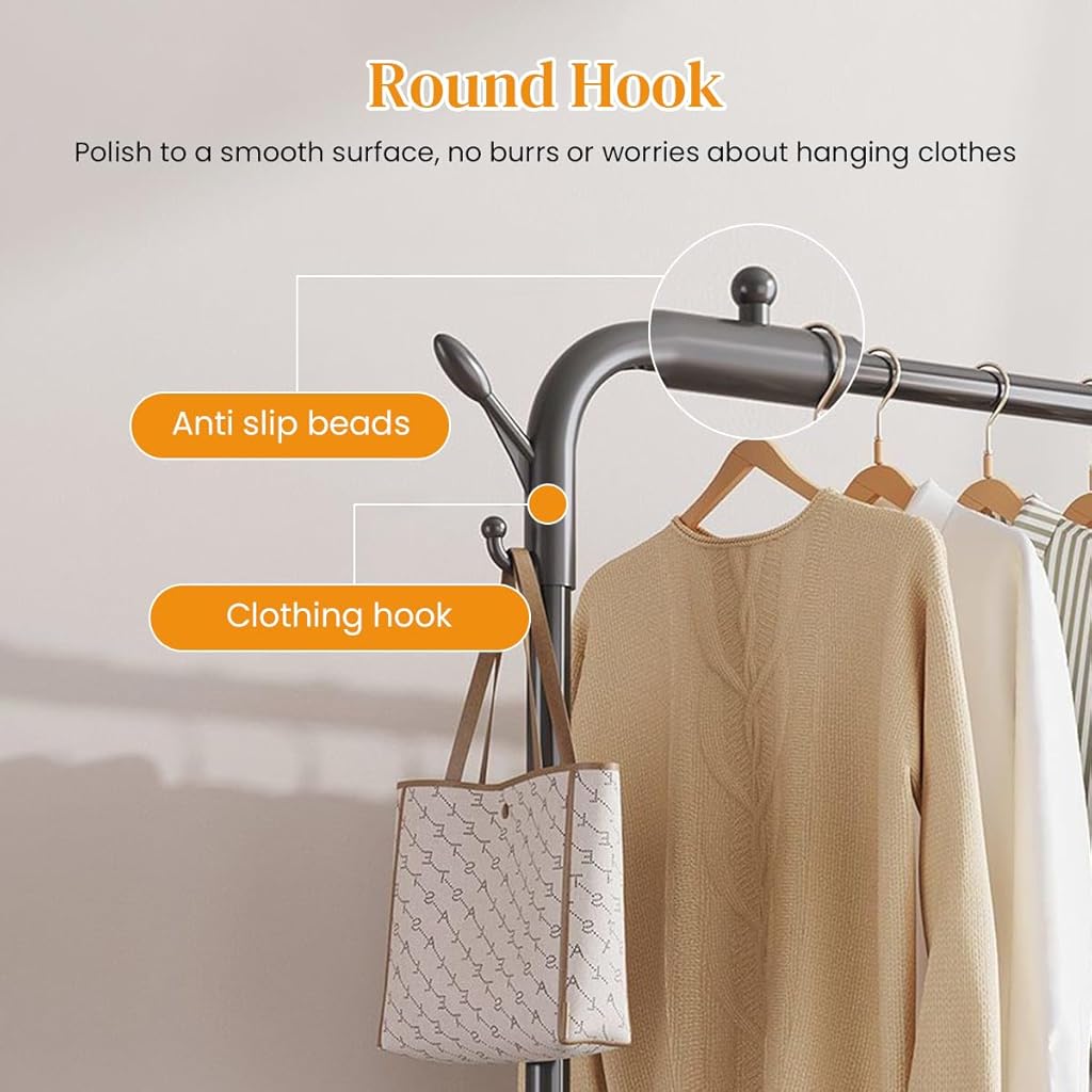 HASTHIP Garment Organizer Rack Moving Floor Clothes Rack Garment Rack with Wheel Double Layer Metal Clothes Organizer Rack with Utiliy Shoe Rack Multi Purpose Open Garment Organizer Rack