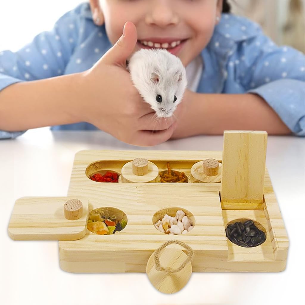 Qpets Guinea Pig Foraging Toy with 6 Compartment Slow Feeder in Wood for Small Pets | 7x5 in