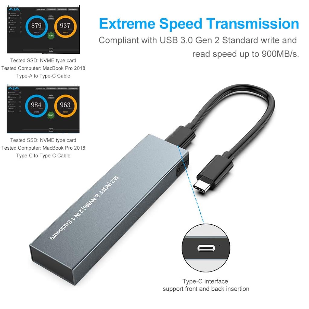Verilux® M.2 NVME SATA SSD Enclosure, Dual Protocol Aluminum Alloy SSD Case with USB C 3.1 Gen 2 USB3.0 to M.2 M-Key B+M Key Enclosure, Support Up to 2TB, Fits 2230 2242 2260 2280, USB Type C Devices