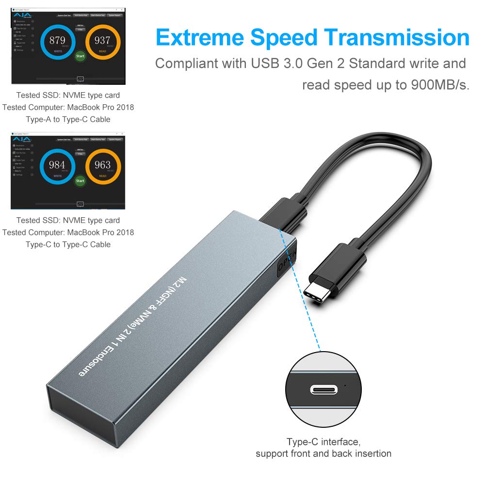 Verilux® M.2 NVME SATA SSD Enclosure, Dual Protocol Aluminum Alloy SSD Case with USB C 3.1 Gen 2 USB3.0 to M.2 M-Key B+M Key Enclosure, Support Up to 2TB, Fits 2230 2242 2260 2280, USB Type C Devices