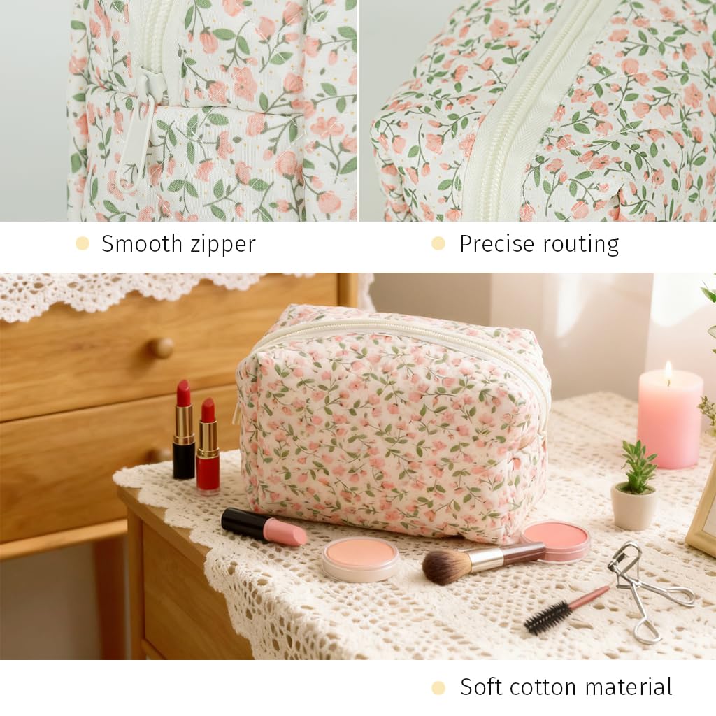 ZIBUYU Quilted Floral Cosmetic Pouch for Travel and Daily Use with Secure Zipper | Cotton Organizer Bag for Women