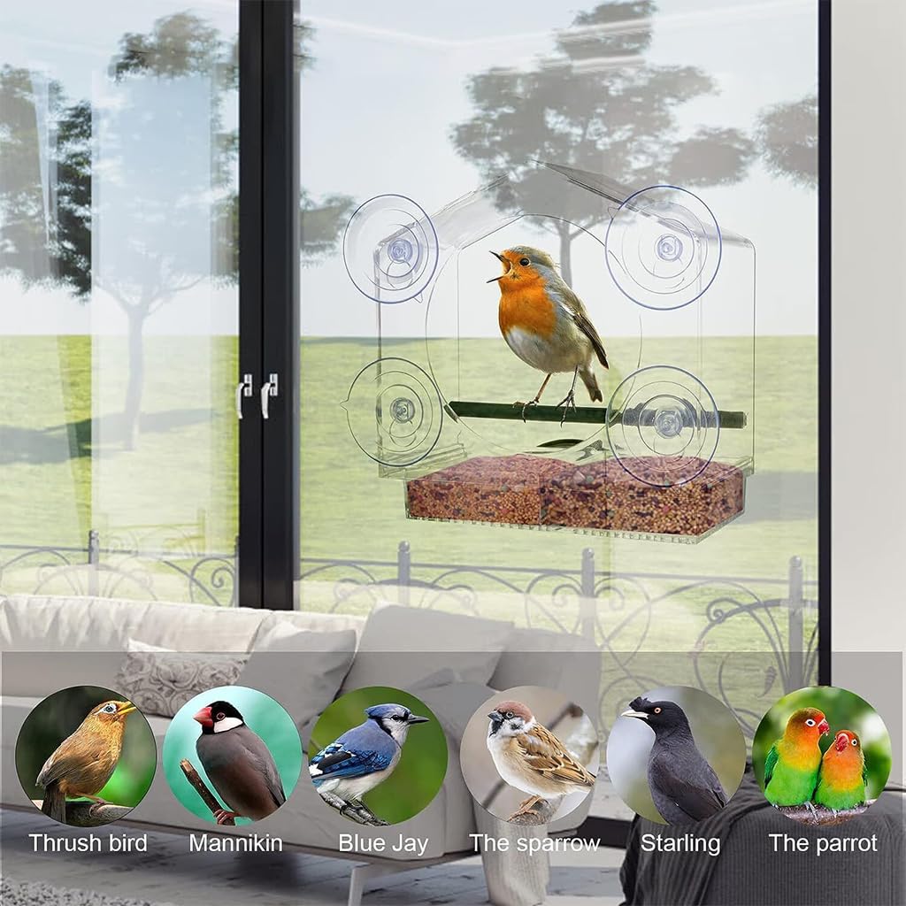 Optifit Bird Feeders for Window Viewing with Dual Compartments and 4 Suction Cups | Clear 21.5x20.5x10cm Acrylic House for Kids