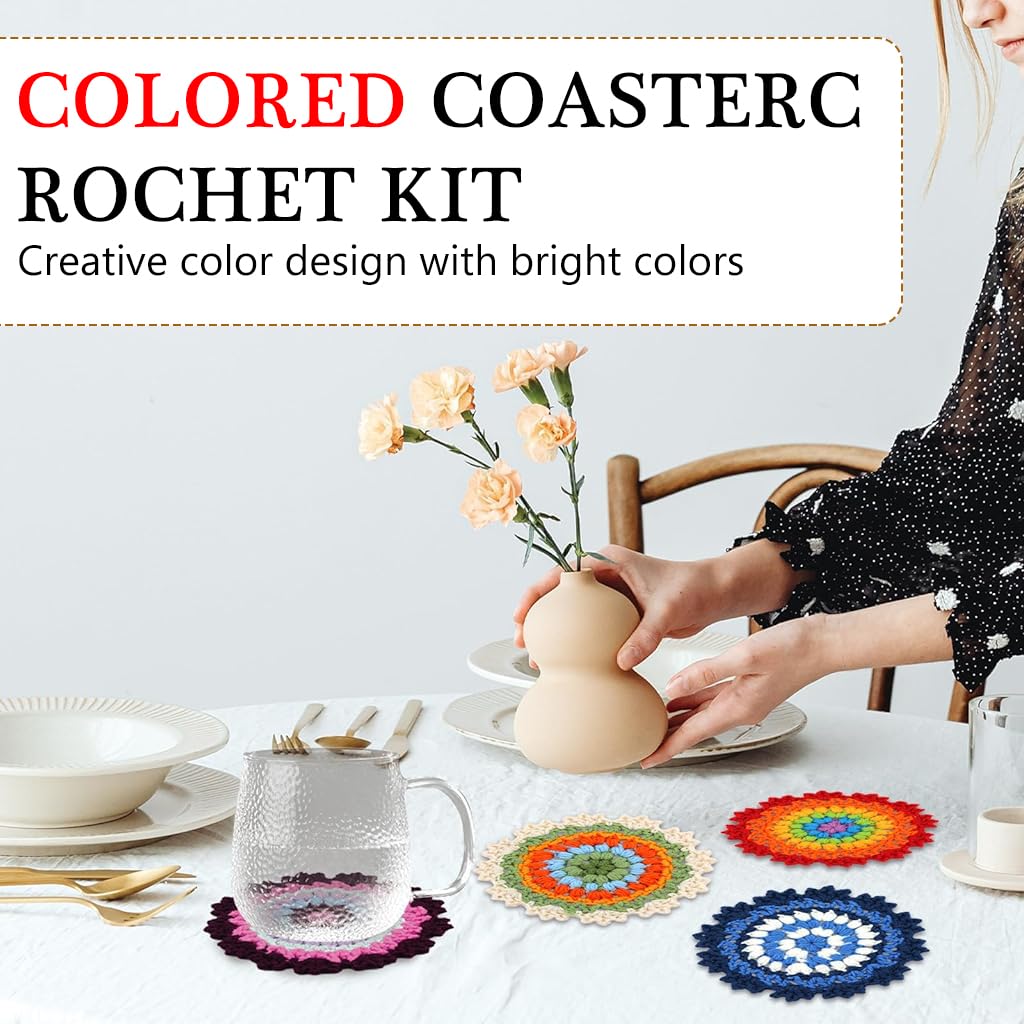 PATPAT DIY Crochet Kit for 4 Floral Coasters with Ergonomic Hook and Tutorial Guide | Beginner Gift Set
