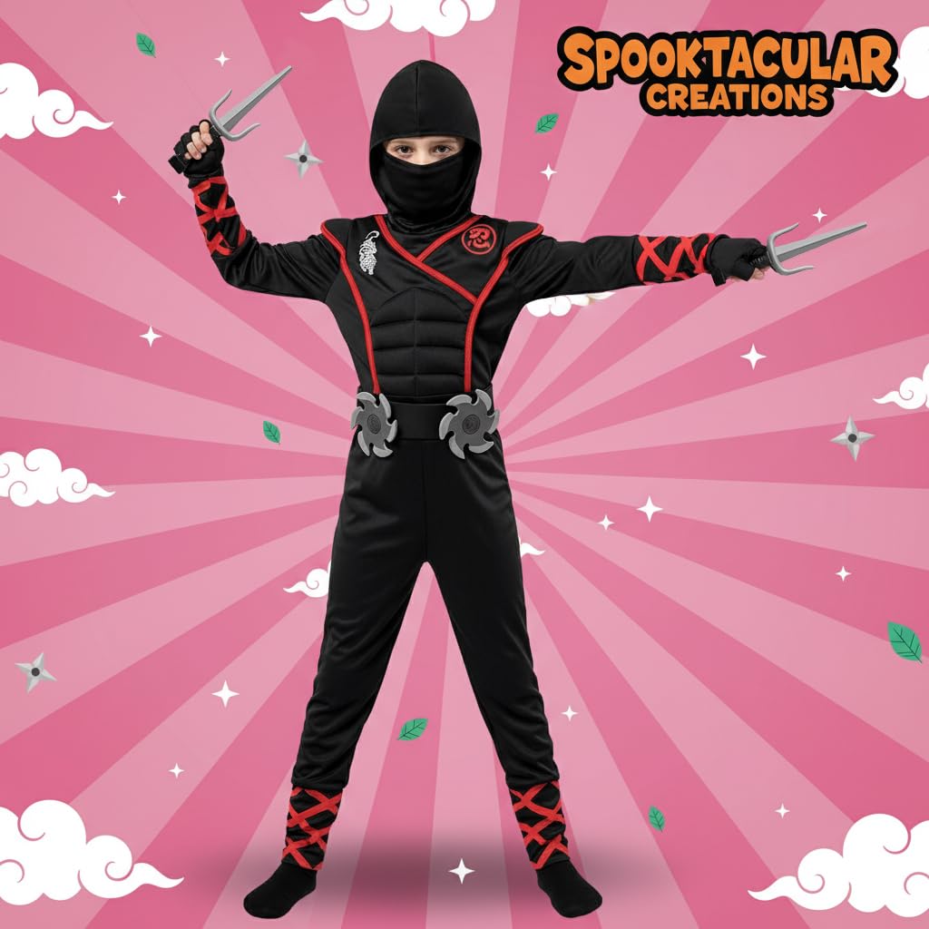 PATPAT Kids Ninja Costume Set for Halloween with Toy Props and Red Accents | Size 110