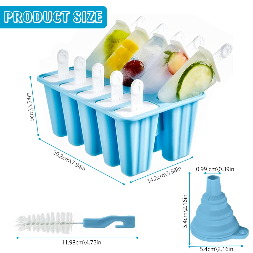 HASTHIP® Popsicle Molds, 10 Pieces Popsicle Molds Reusable Silicone BPA Free Ice Pop Easy Release Popsicle Molds With Silicone Funnel & Cleaning Brush