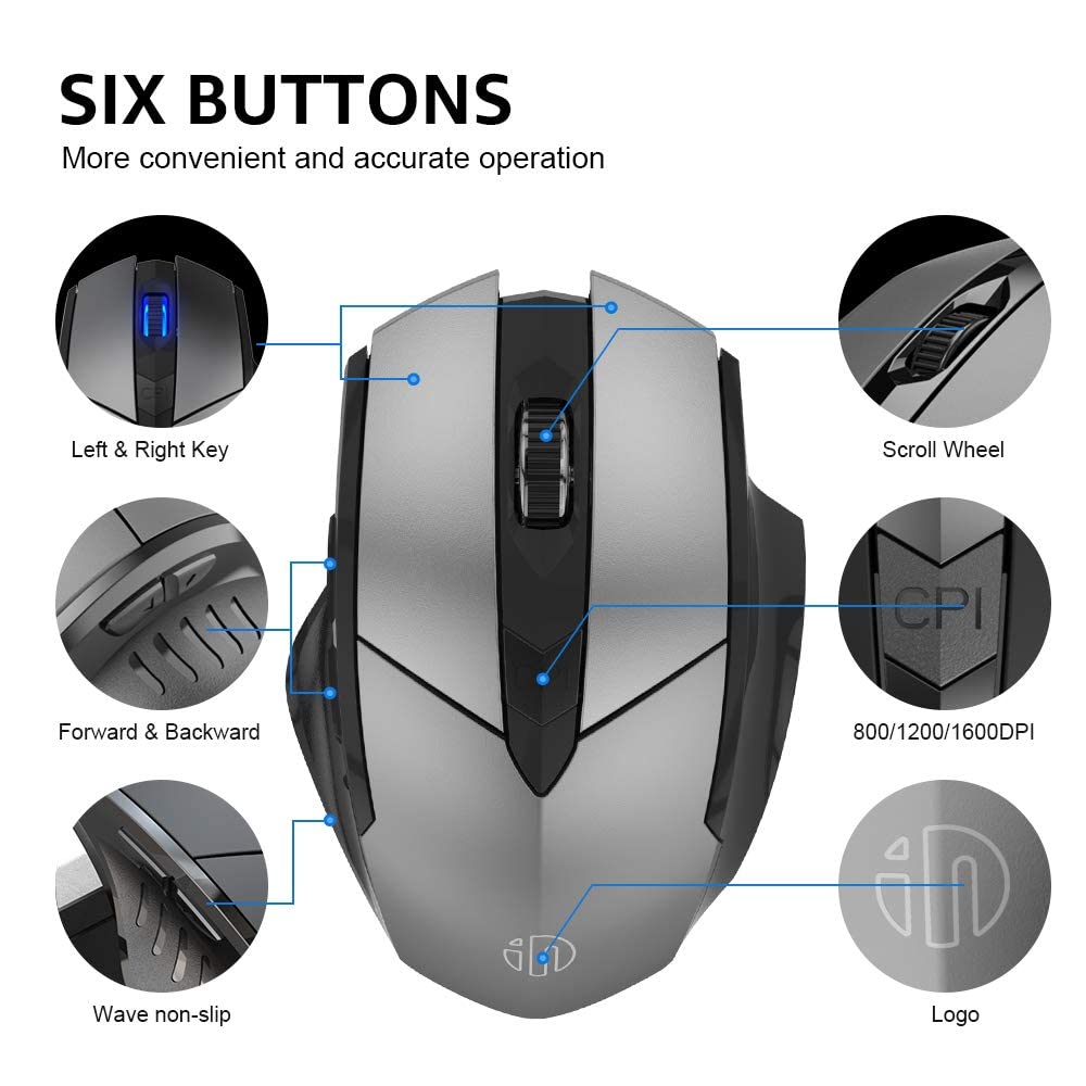 Verilux® Wireless Mouse Rechargeable, Ergonomic USB 2.4G Cordless Mice PC Laptop Computer Mouse with 6 Buttons, 1600DPI 3 Adjustment Levels for Windows Mac MacBook Linux