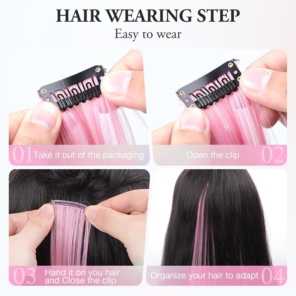 ZIBUYU 5 Pcs Pink Hair Extensions Clip in Hairpiece Accessories, 22 Inch Long Streak Straight Ins Heat Resistant Colored Synthetic, Using for Halloween Costume Party Play Highlights