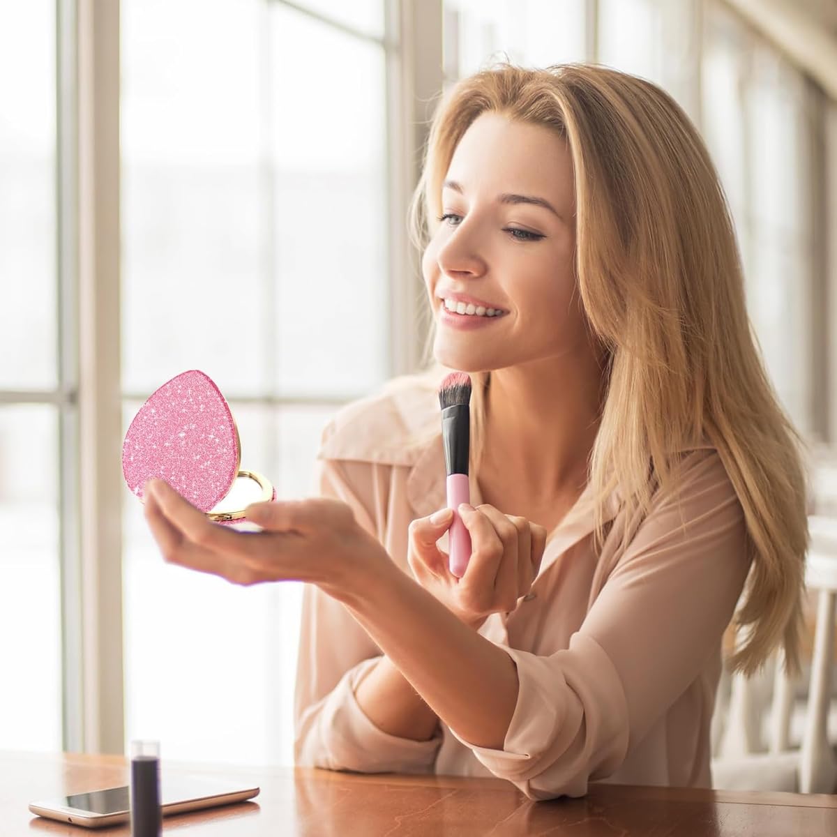 MAYCREATE Mini Heart Folding Mirror for Travel with Dual Mirrors and Pink Glitter Design | 6.9x7.21cm Compact Makeup Mirror for Women