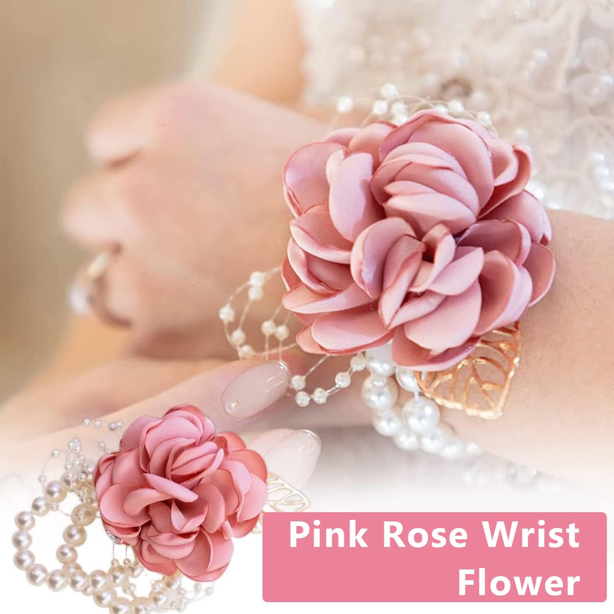PALAY Rose Corsage Pearl Bracelet for Wedding and Prom featuring Pink Floral Design | Set of 2